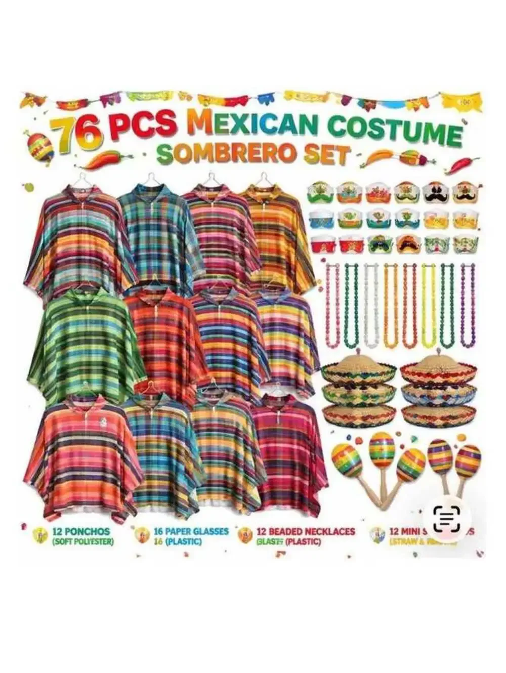 🎉 Eurzom Mexican Costume Set for Fiesta/Cinco de Mayo, 76 Pcs! - New in Box! 🎉